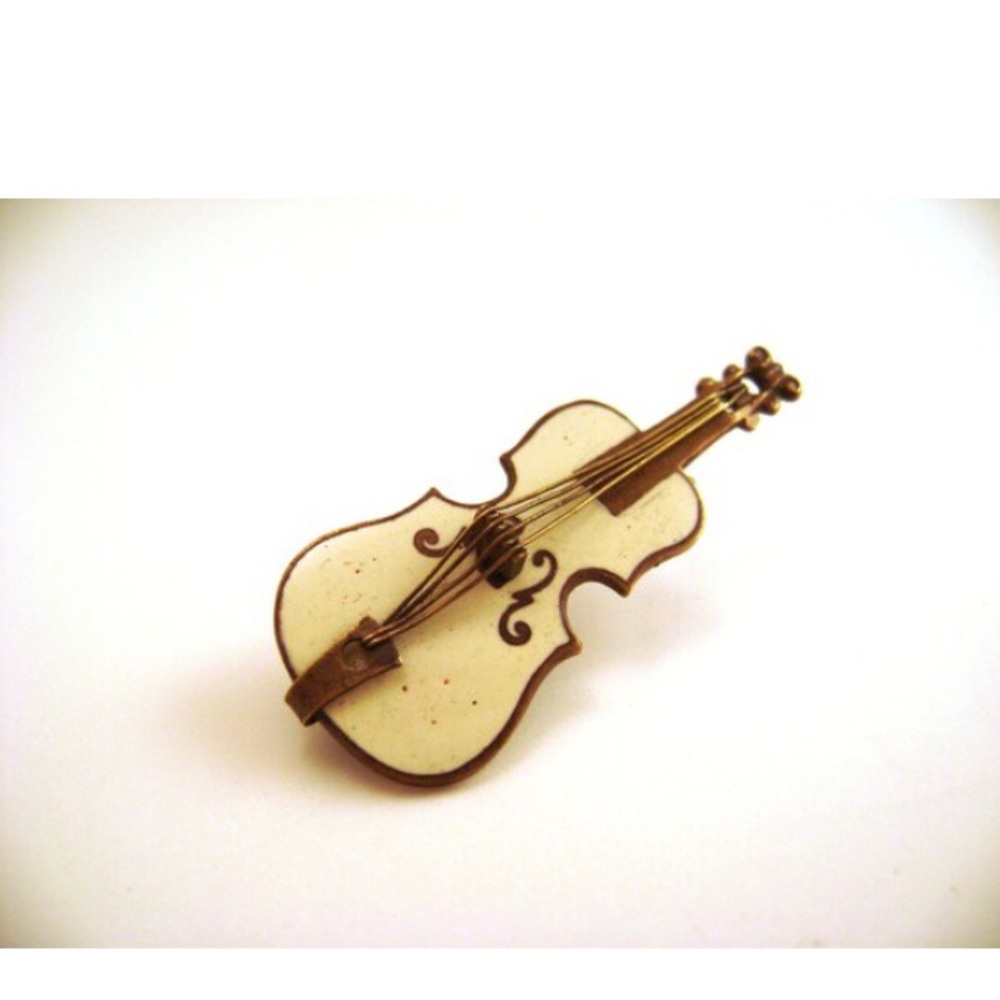 Fiddle or violin estate brooch Antique jewelry enamel instrument c clasp pin - Picture 5 of 13